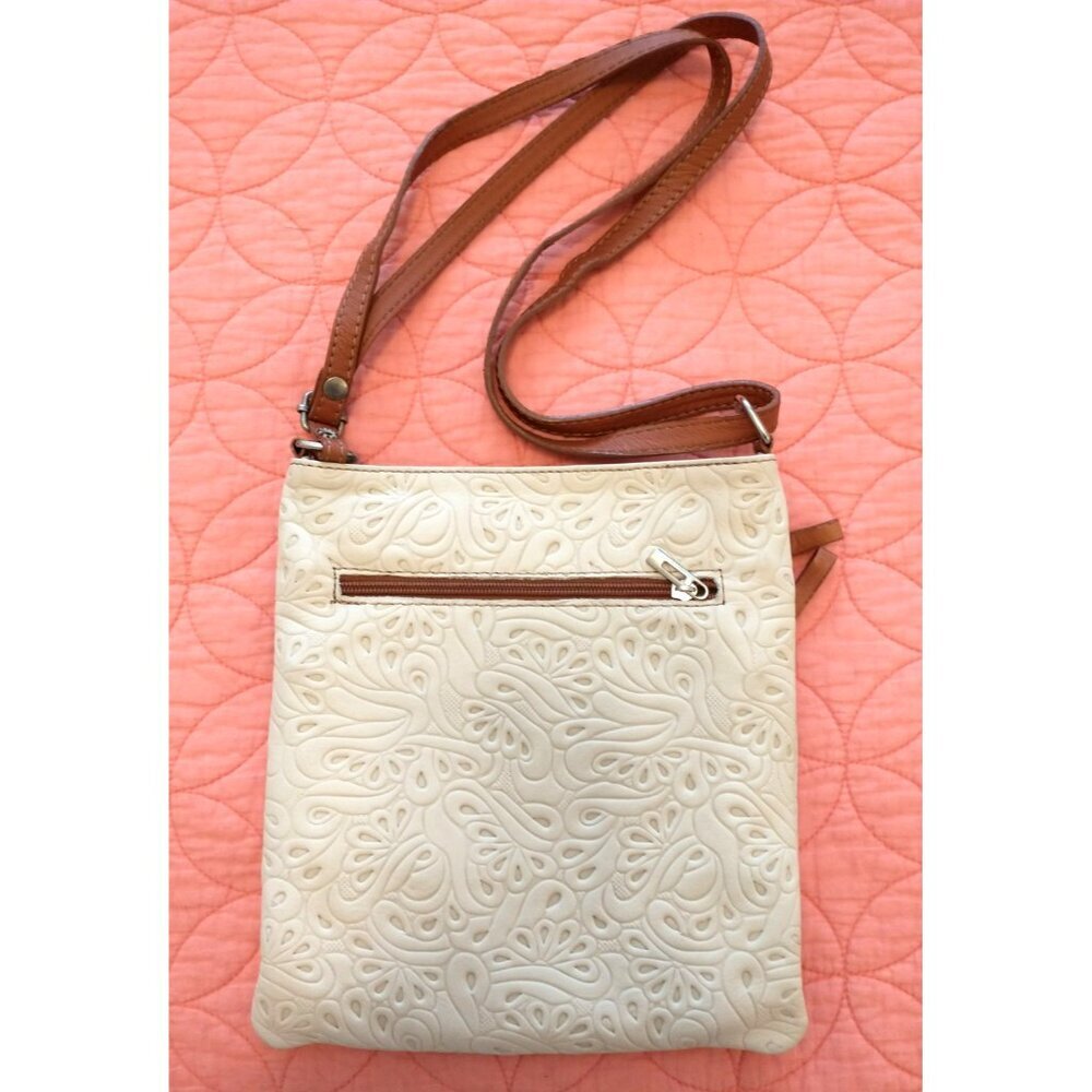 Zagara Women's Crossbody Shoulder Bag Tooled Leather Italy Ivory & Tan 8.5x9.5 - Picture 2 of 10